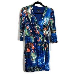 OLEG CASSINI Faux Wrap Blue Orange 3/4 Sleeve Abstract Print Jersey Dress Size 6